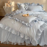Lacey Lace Ruffle Washed Cotton Bedding Set - Blue